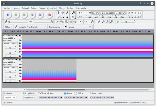 GNU Radio a Roland Rubix 44 – analýza zvukového spektra – spektrogram – 2600 Hz a 500 Hz přímo v Audacity