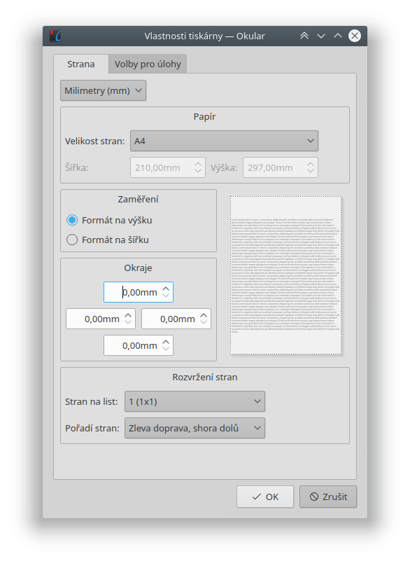 dialog Vlastnosti tiskárny – Okular, KDE