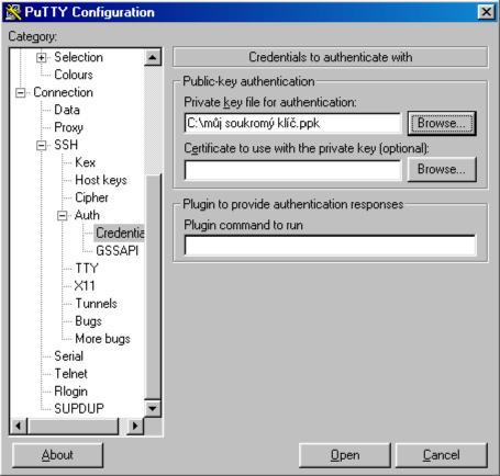 PuTTy - SSH - nastavení klíče