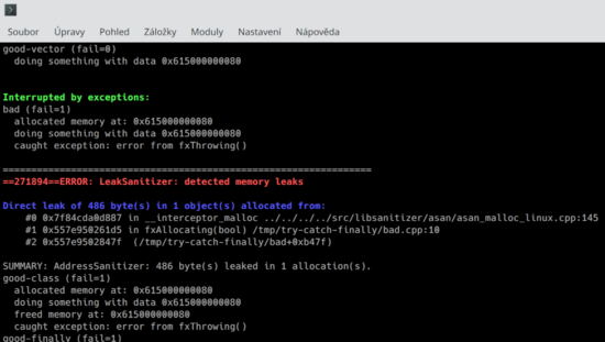 address sanitizer: chyba generovaná při úniku paměti