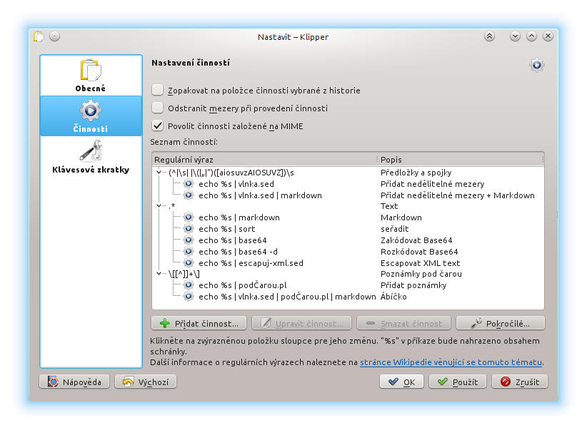 Klipper - schránka v KDE - dialog nastavení